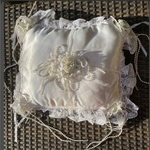 Retro 90s White Satin Pillow with Lace and Pearl Accents